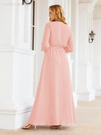 Vestido de dama de honor de gasa para mujer Sunderly, corte en A, manga larga, vestido de noche formal para invitada de boda SY28032 