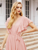 Baoleely Women's Open Back Formal Evening Party Prom Gowns V-Neck Long Chiffon Bridesmaid Dresses with Waist Belt 28038