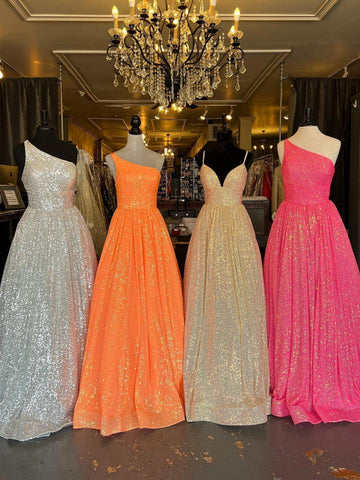 Vestido de fiesta de lentejuelas con un solo hombro, corte en A y bolsillos