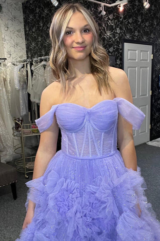 Robe de bal bleue à corset et épaules dénudées avec volants