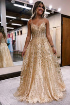 Vestido de fiesta de corte A, tirantes finos, corsé lila con apliques