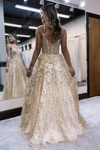 Vestido de fiesta de corte A, tirantes finos, corsé lila con apliques