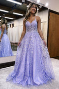 Vestido de fiesta de corte A, tirantes finos, corsé lila con apliques