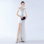 Classic Satin Off Shoulder Long Evening Dress Elegant Timeless