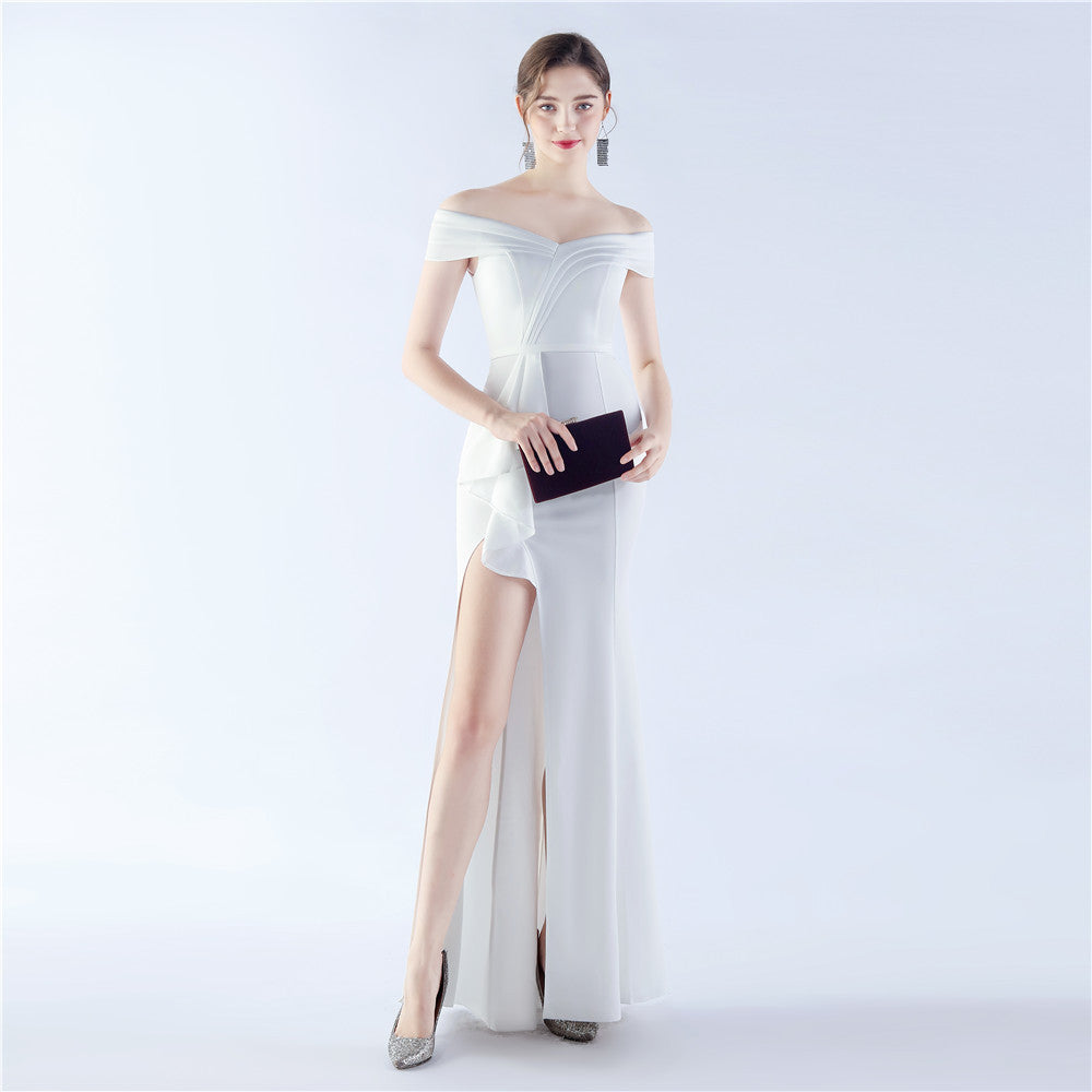 Classic Satin Off Shoulder Long Evening Dress Elegant Timeless