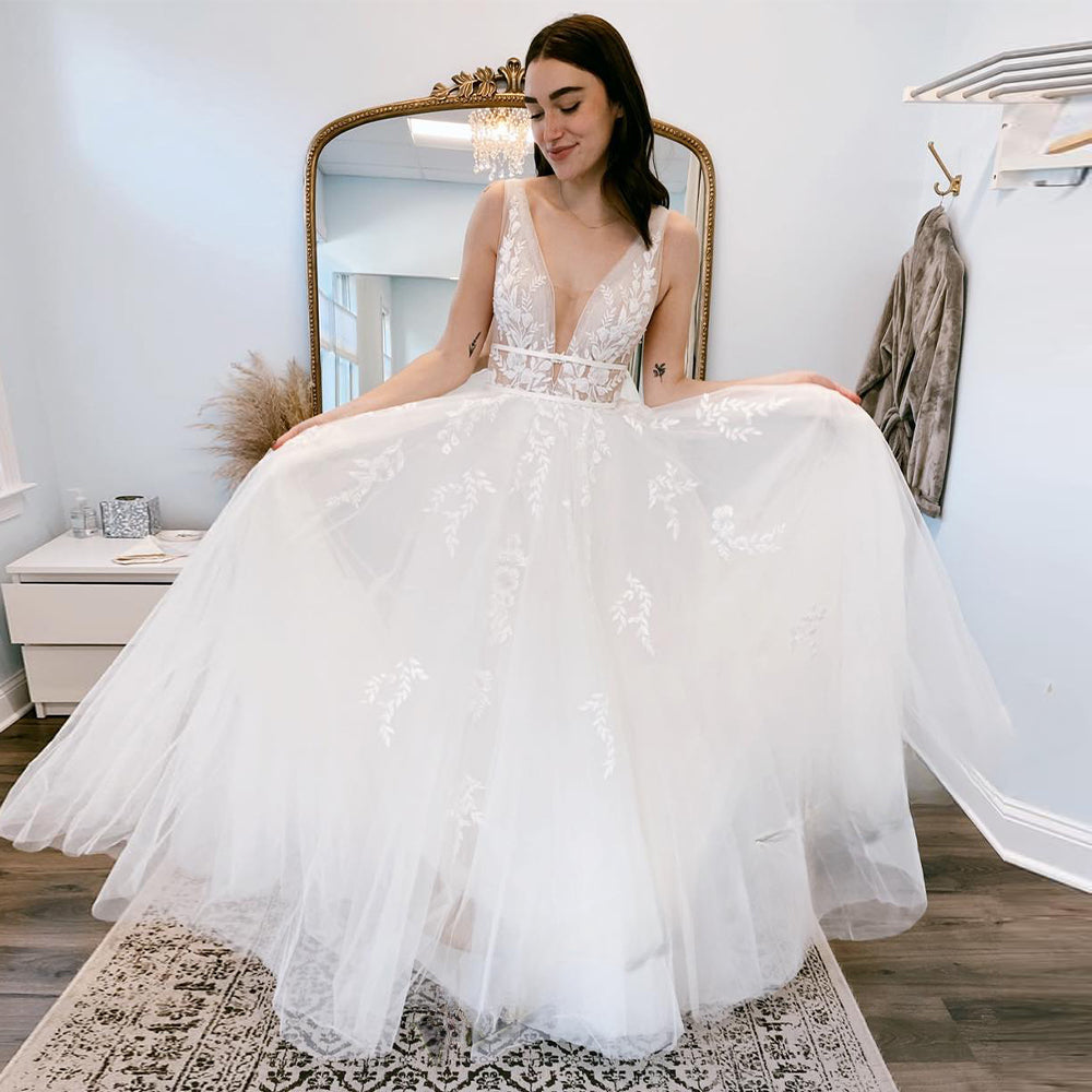 Pastrol  Wedding Dresses V-neck Backless Tulle For Women 2023 Bride A-LINE Appliques Vestidos De Novia Made To Order