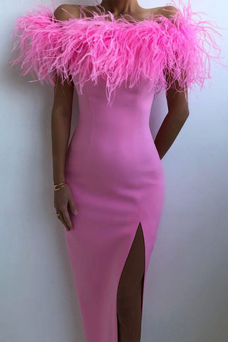Vestidos de noche elegantes con plumas, cremallera y hombros descubiertos de las celebridades 