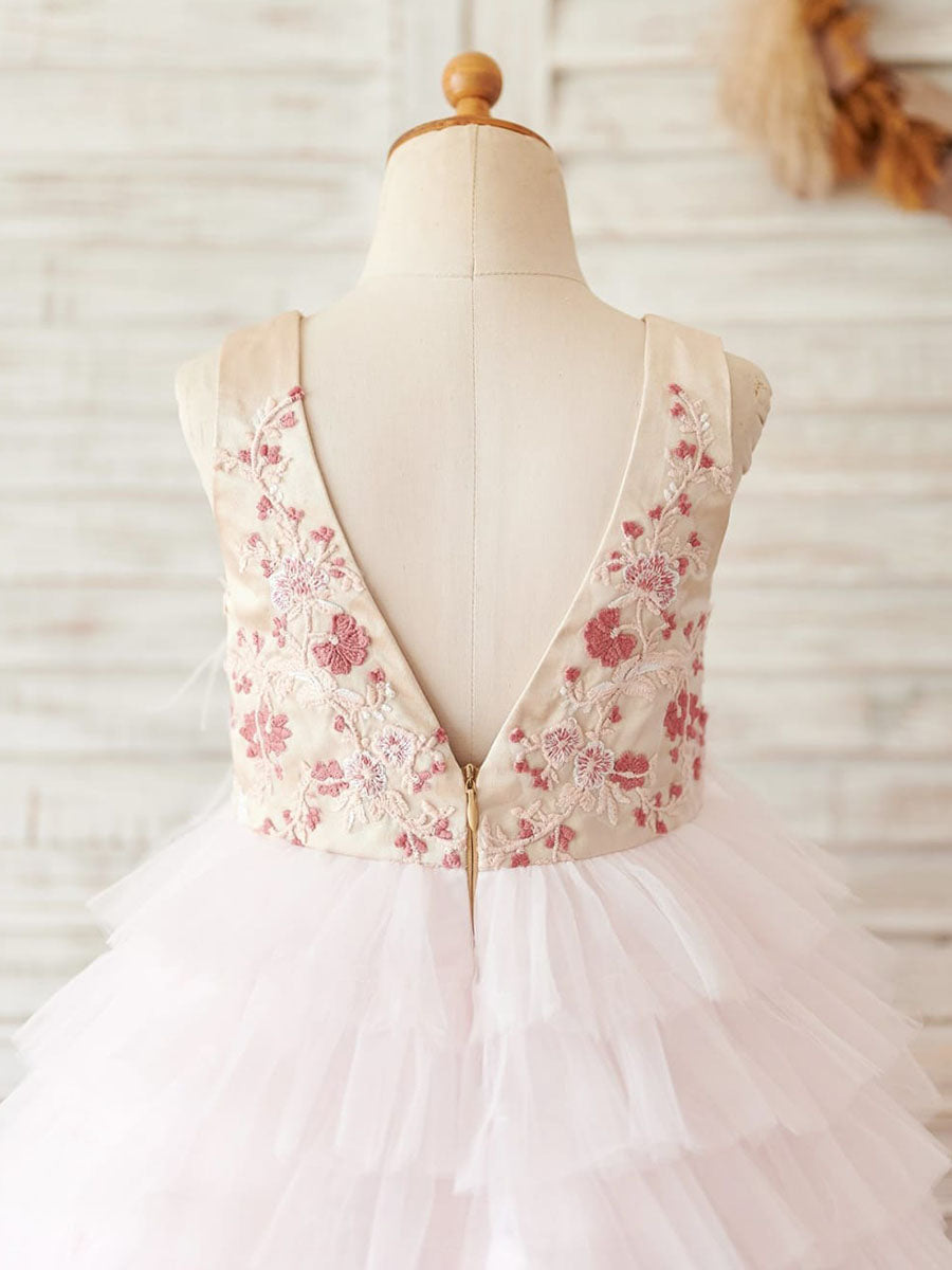 Vestido de princesa/vestido de princesa de satén y tul rosa hasta la rodilla para niña de las flores 