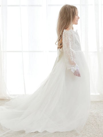 Vestido largo de tul y encaje color marfil, corte en A (2003227154) 