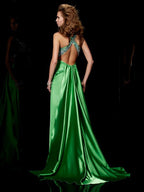 Vestido largo de satén tejido elástico con tirantes de columna, sin mangas y con abalorios