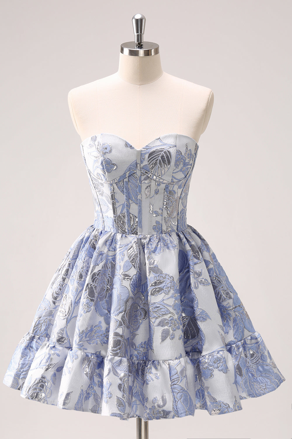 Vestido corto de fiesta sin tirantes, con estampado floral, corte en A, corsé y volantes