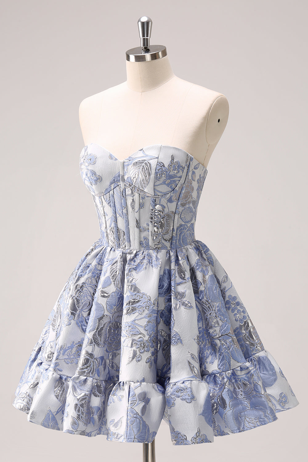 Vestido corto de fiesta sin tirantes, con estampado floral, corte en A, corsé y volantes