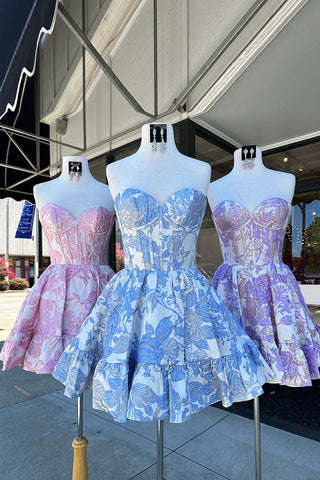 Strapless Flower Printed A-Line Corset Short Homecoming Dress With Ruffles