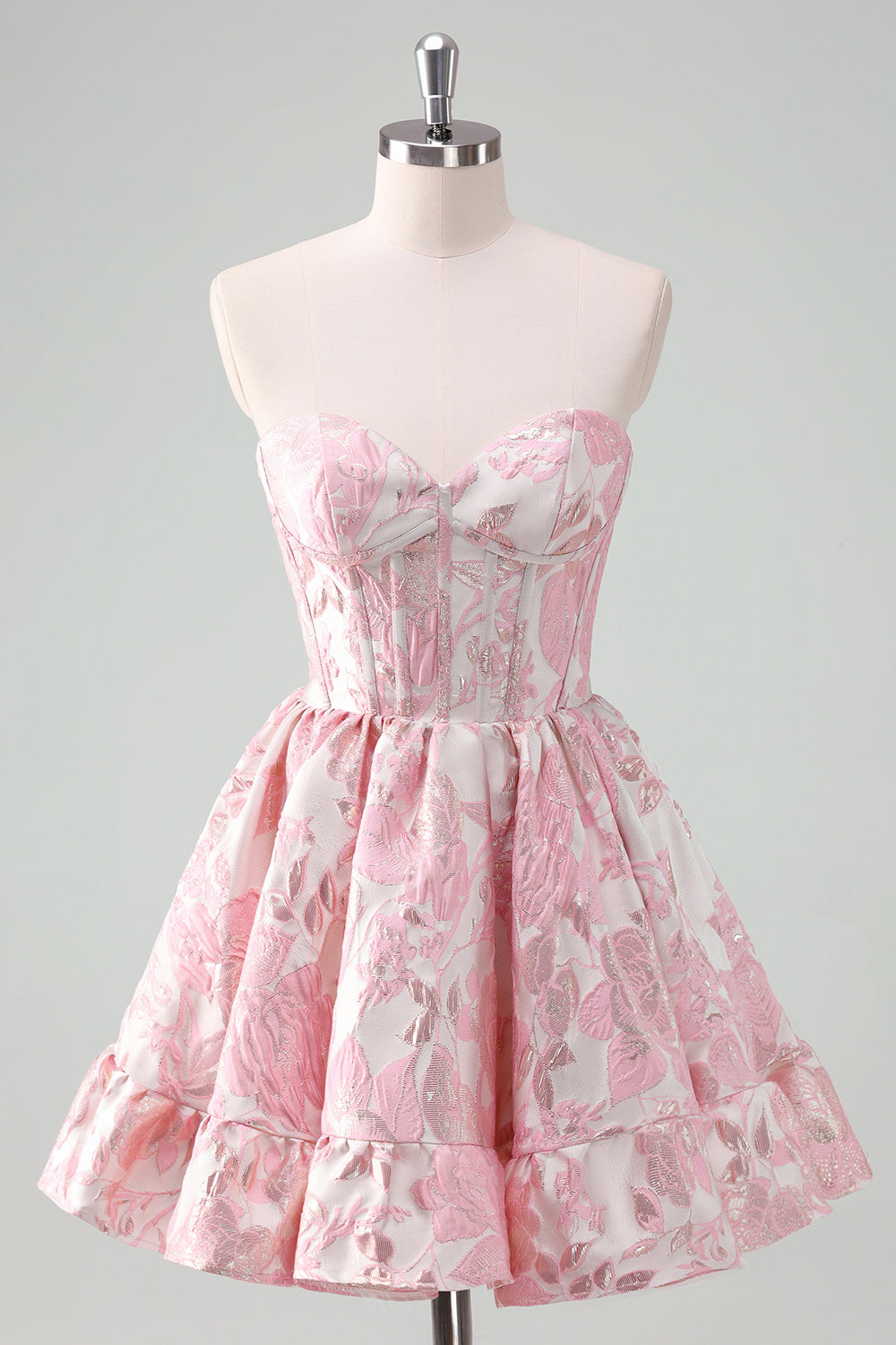 Vestido corto de fiesta sin tirantes, con estampado floral, corte en A, corsé y volantes