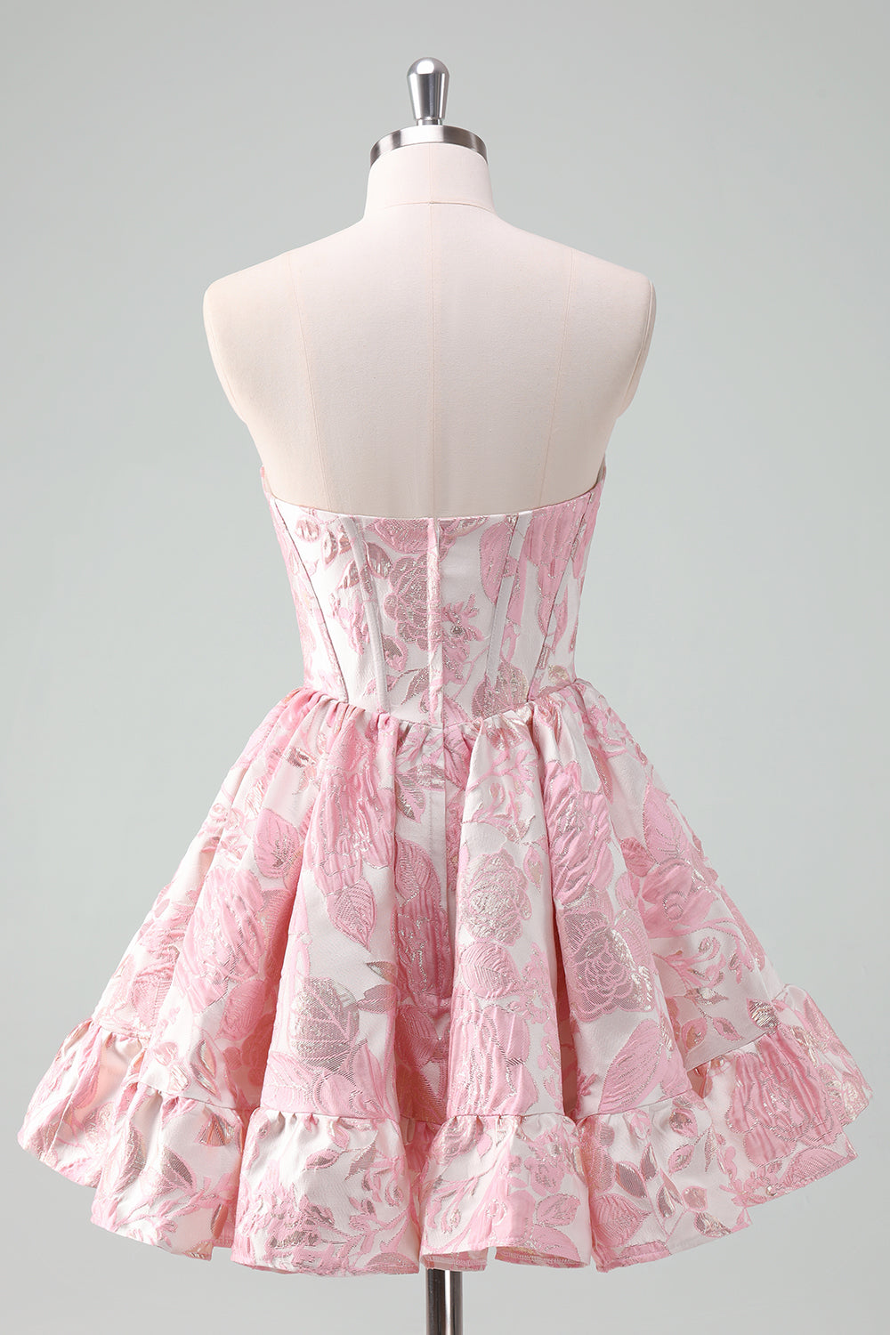 Vestido corto de fiesta sin tirantes, con estampado floral, corte en A, corsé y volantes