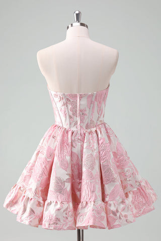 Strapless Flower Printed A-Line Corset Short Homecoming Dress With Ruffles