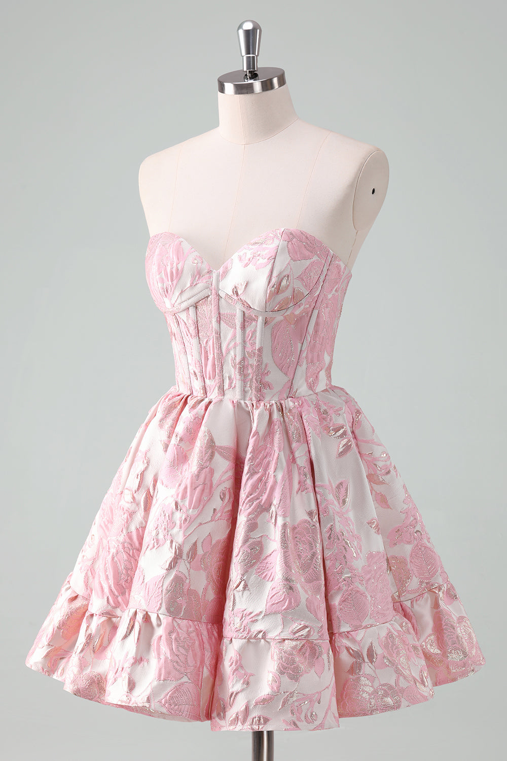 Vestido corto de fiesta sin tirantes, con estampado floral, corte en A, corsé y volantes