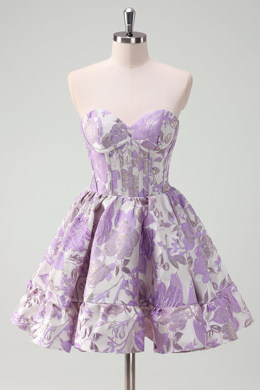 Vestido corto de fiesta sin tirantes, con estampado floral, corte en A, corsé y volantes