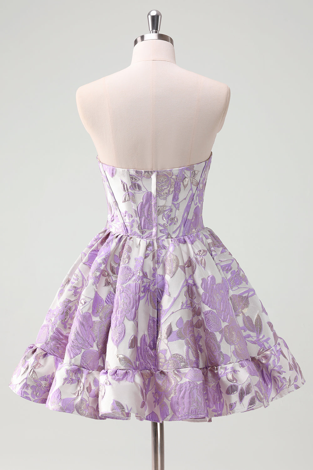 Vestido corto de fiesta sin tirantes, con estampado floral, corte en A, corsé y volantes
