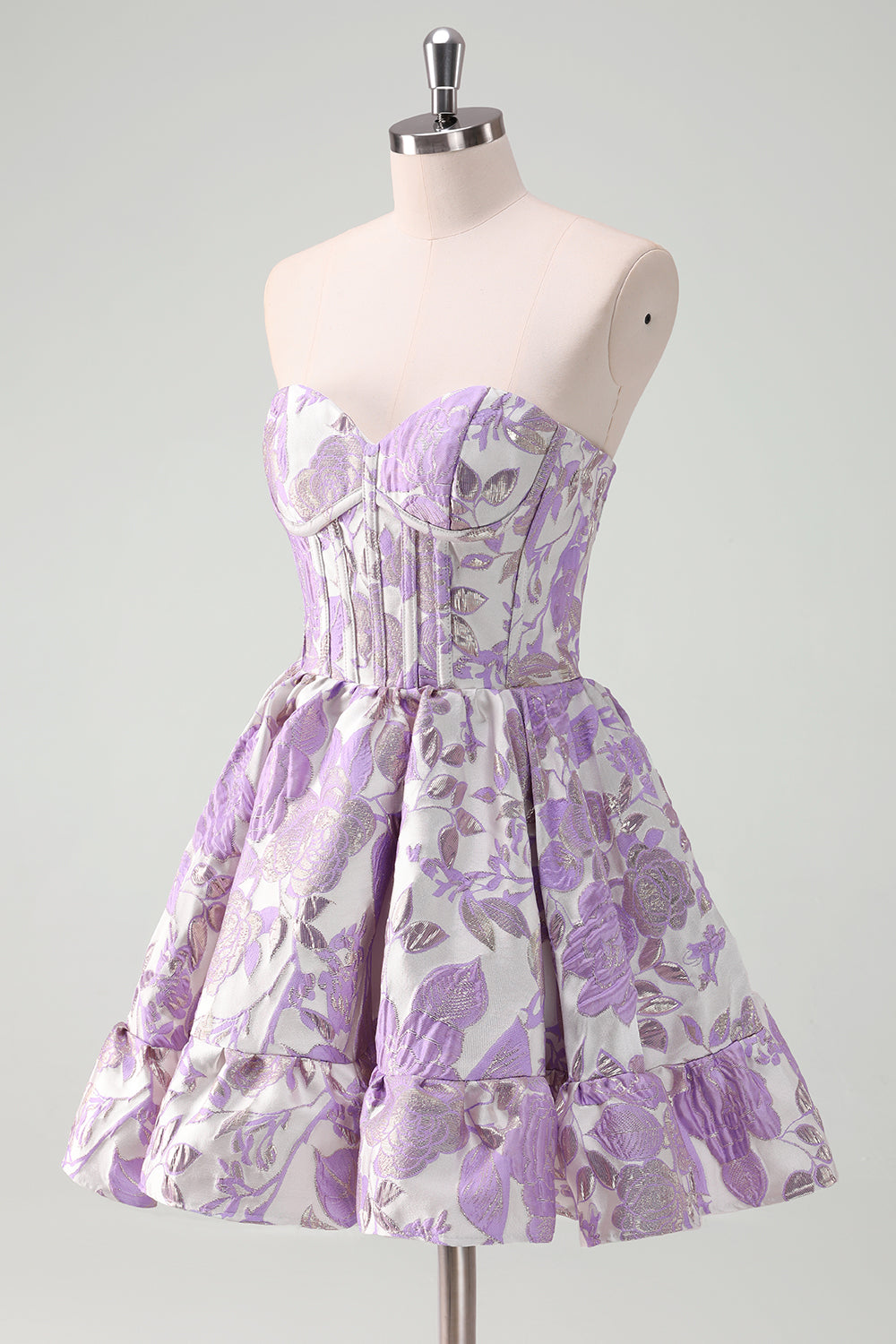 Vestido corto de fiesta sin tirantes, con estampado floral, corte en A, corsé y volantes