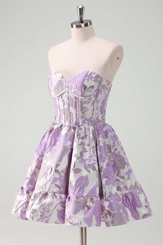 Strapless Flower Printed A-Line Corset Short Homecoming Dress With Ruffles