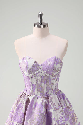 Strapless Flower Printed A-Line Corset Short Homecoming Dress With Ruffles