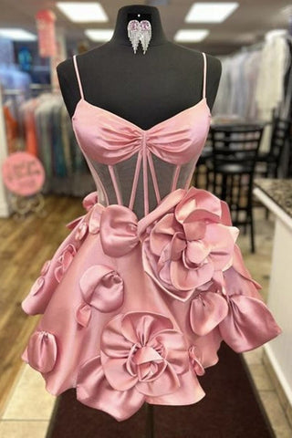 Robe de bal courte bustier trapèze à corset ornée de fleurs 3D