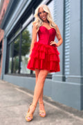 Vestido corto de fiesta de bienvenida sin tirantes, corte en A, corsé de satén