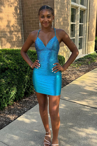 Spaghetti Straps Beaded Bodycon Short Homecoming Dress