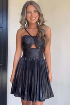 Metallic Spaghetti Straps Pleated A-Line Short Homecoming Dress