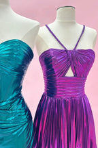 Metallic Spaghetti Straps Pleated A-Line Short Homecoming Dress