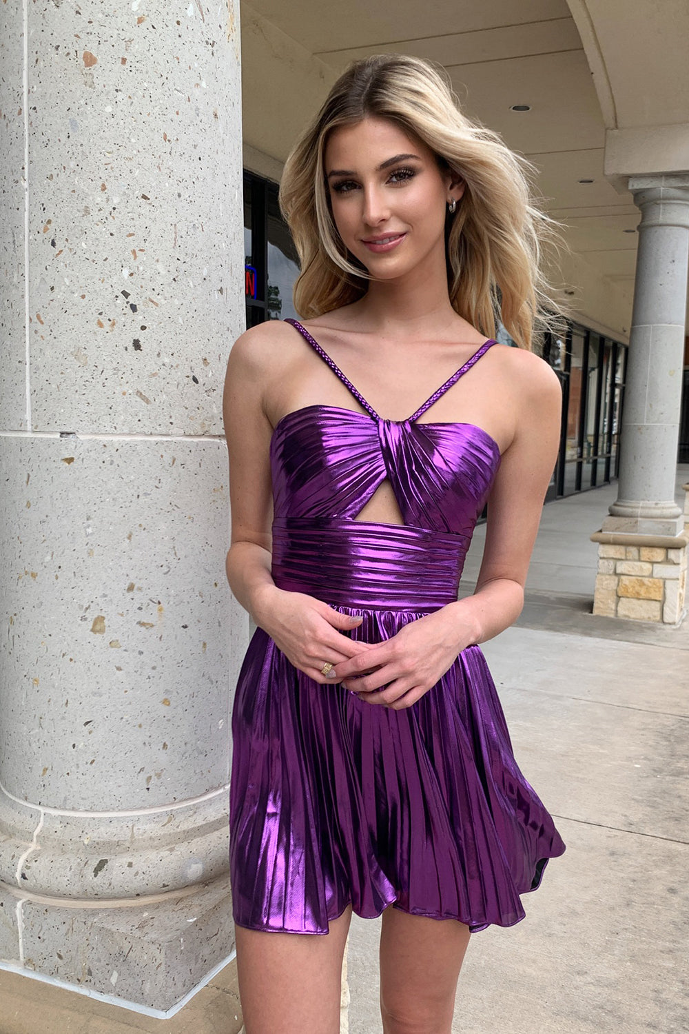 Metallic Spaghetti Straps Pleated A-Line Short Homecoming Dress