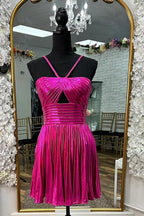 Metallic Spaghetti Straps Pleated A-Line Short Homecoming Dress