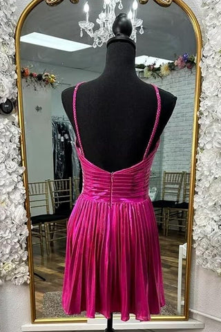 Metallic Spaghetti Straps Pleated A-Line Short Homecoming Dress