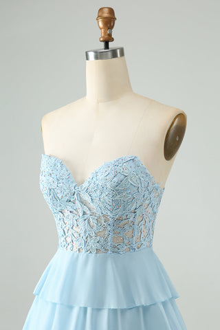 A Line Sweetheart Tiered Light Blue Short Homecoming Dress with Appliques