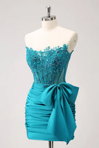 Navy Strapless Satin Bodycon Short Corset Homecoming Dress with Appliques