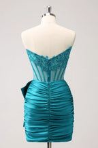 Navy Strapless Satin Bodycon Short Corset Homecoming Dress with Appliques