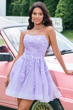 Vestido de fiesta de bienvenida de tul con tirantes finos, corte en A y apliques