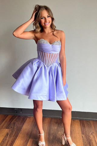 Strapless A-Line Satin Short Corset Homecoming Dress with Beading