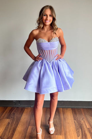 Strapless A-Line Satin Short Corset Homecoming Dress with Beading