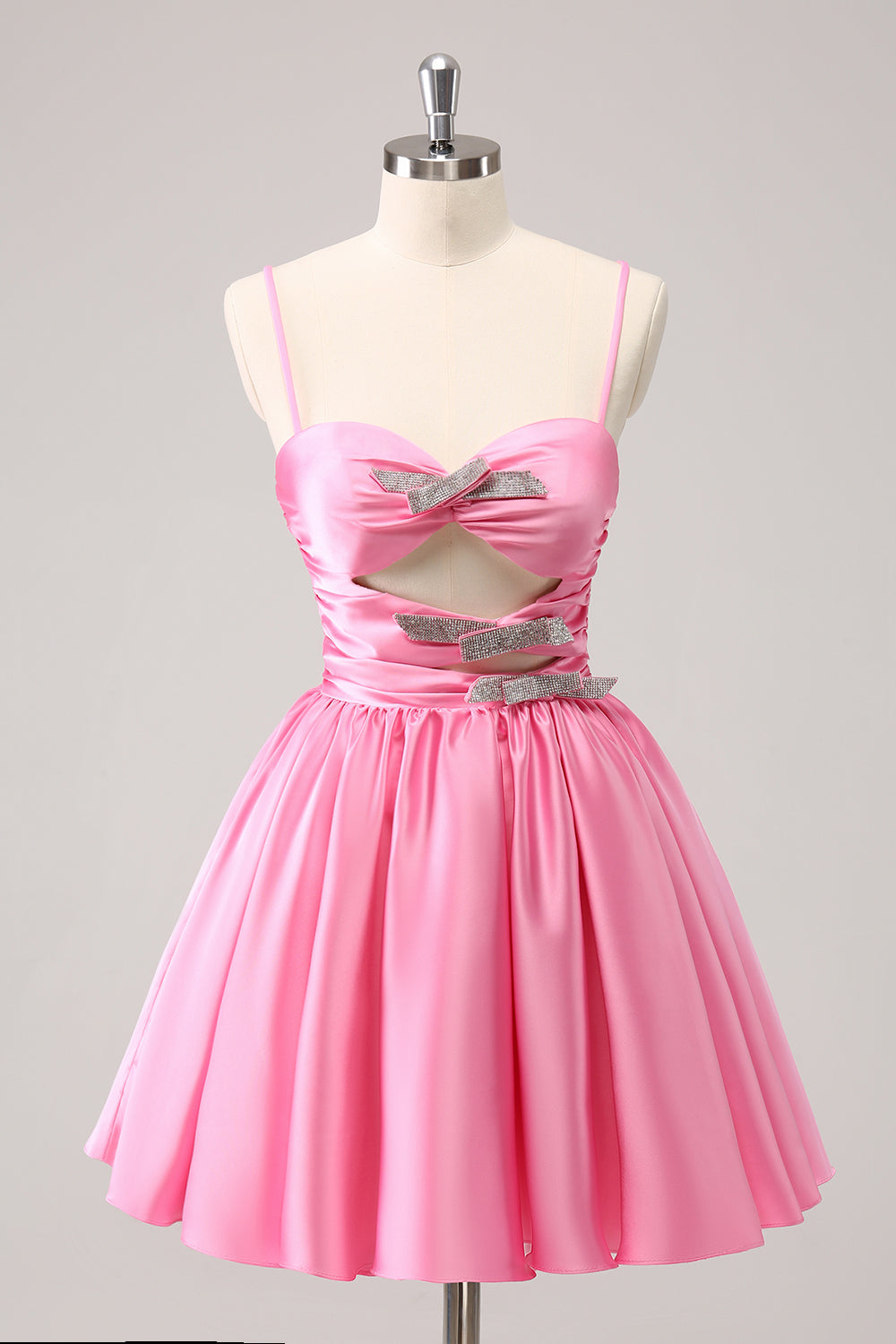 Vestido de fiesta de satén corte A con tirantes finos y abertura, con lazo.