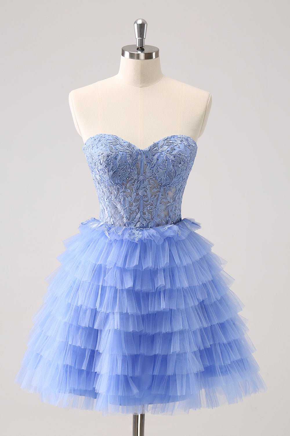 Vestido de fiesta de bienvenida sin tirantes, corte en A, de tul con corsé escalonado y apliques