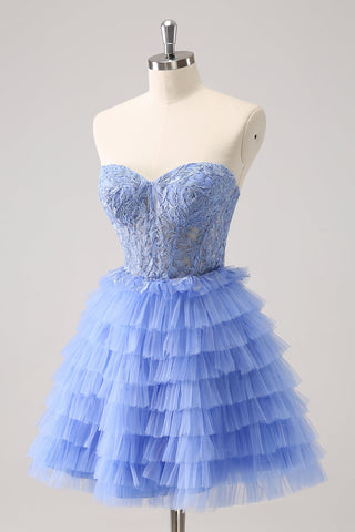 Strapless A-Line Tulle Tiered Corset Homecoming Dress with Appliques