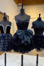 Vestido de fiesta de corte A, escote corazón, tul, lentejuelas, corsé corto escalonado con lazo
