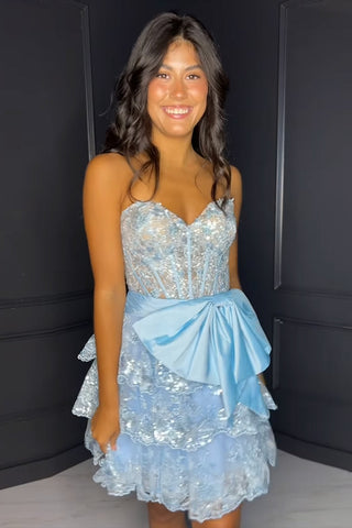 A-Line Sweetheart Tulle Sequins Tiered Short Corset Homecoming Dress with Bow