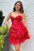 Vestido de fiesta de corte A, escote corazón, tul, lentejuelas, corsé corto escalonado con lazo