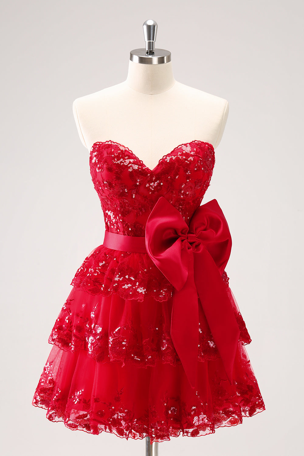 Vestido de fiesta de corte A, escote corazón, tul, lentejuelas, corsé corto escalonado con lazo