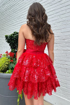 Vestido de fiesta de corte A, escote corazón, tul, lentejuelas, corsé corto escalonado con lazo