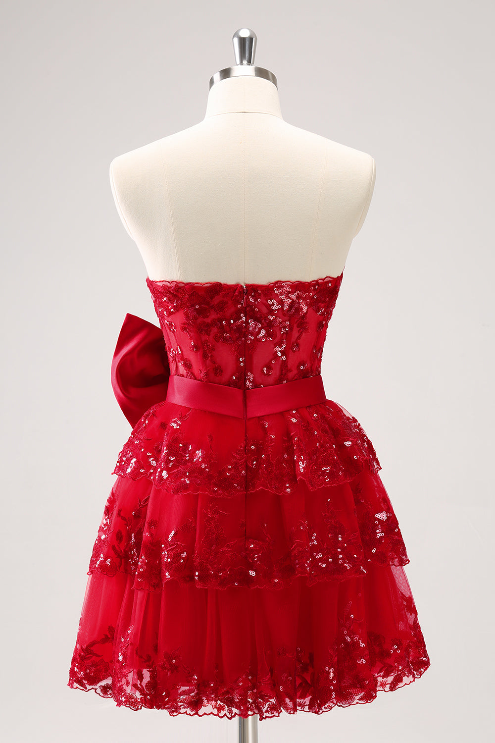 Vestido de fiesta de corte A, escote corazón, tul, lentejuelas, corsé corto escalonado con lazo