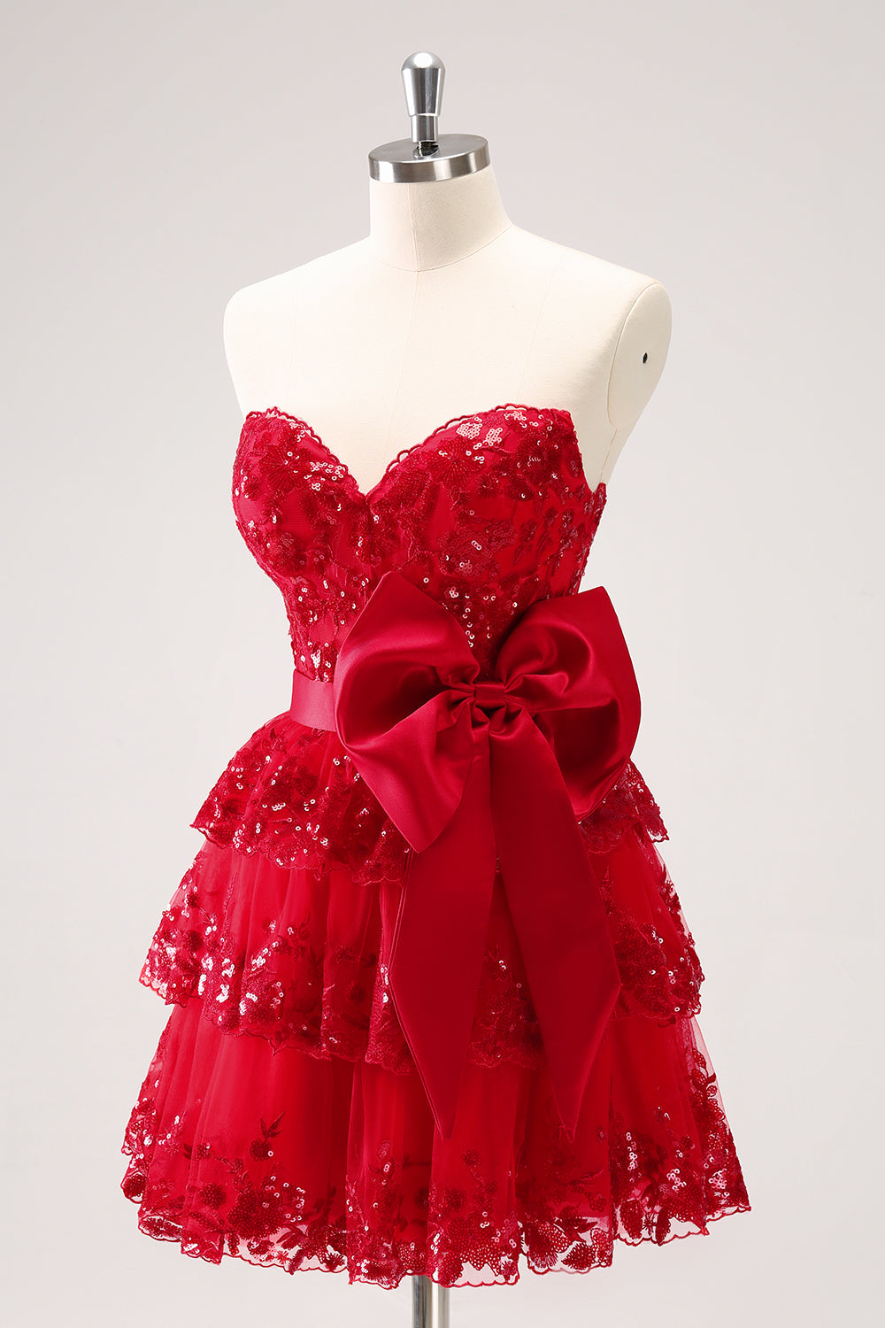Vestido de fiesta de corte A, escote corazón, tul, lentejuelas, corsé corto escalonado con lazo